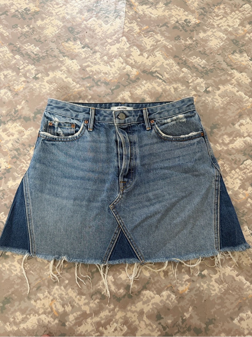 GRLFRND Light Blue Denim Mini Skirt with Dark Blue Panels